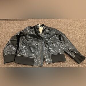 EUC! Men's CHAPS RL Black L Pleather Jacket Bomber coat pockets cool casual